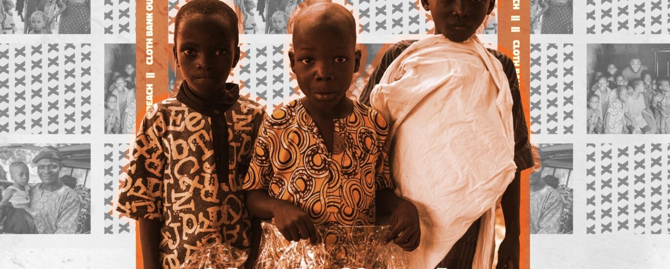 Three young children stand together holding clothing packages during Colgar's Cloth Bank Outreach in Kwara State, Nigeria, with a background highlighting past outreach events.