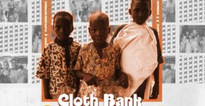 Three young children stand together holding clothing packages during Colgar's Cloth Bank Outreach in Kwara State, Nigeria, with a background highlighting past outreach events.