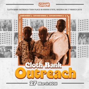 Three young children stand together holding clothing packages during Colgar's Cloth Bank Outreach in Kwara State, Nigeria, with a background highlighting past outreach events.