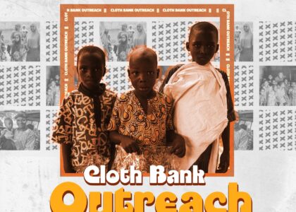 Three young children stand together holding clothing packages during Colgar's Cloth Bank Outreach in Kwara State, Nigeria, with a background highlighting past outreach events.